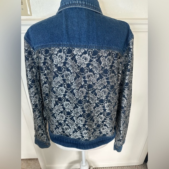 Asazy Vintage 80s 90s Lace Overlay Oversized Button Down Denim Jacket size L - Picture 3 of 8